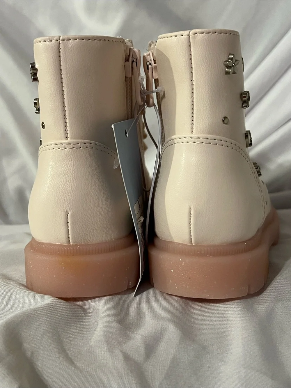 Girls Cream Pink Lace-Up Ankle Boots with Heart & Bow Studs